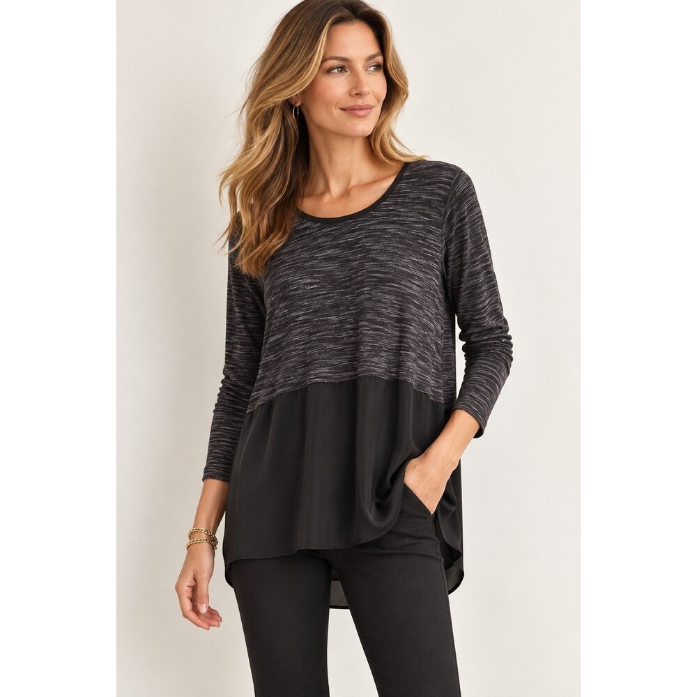 NWT Vince Tunic Top Size L Black Heathered Gray Silk Contrast Long Sleeve  Shirt
